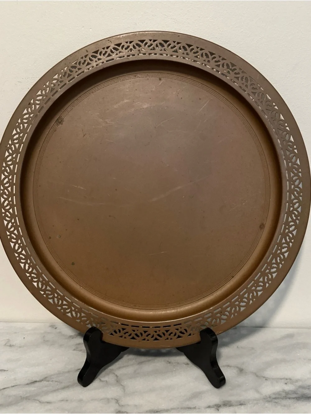 Vintage solid copper tray reticulated border 14”D